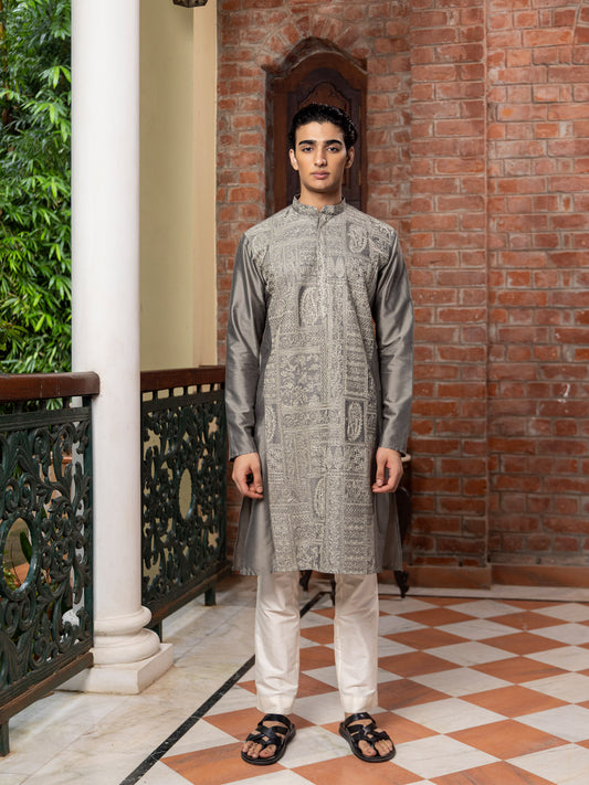 Praketa Grey Embroidered Katan Kurta Set