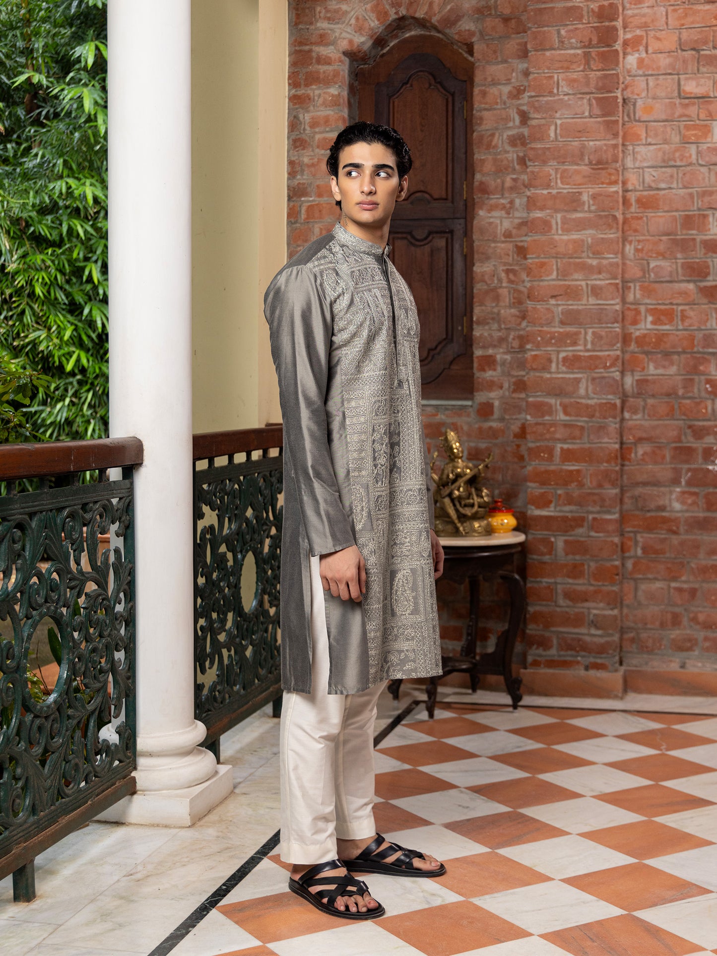 Praketa Grey Embroidered Katan Kurta