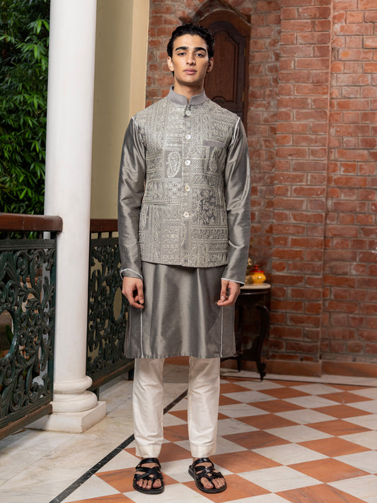 Jayanta Grey Katan Embroidered  Bundi Set