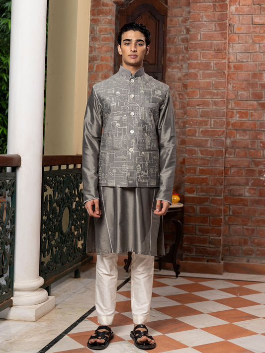 Kaziah Grey Katan  Embroidered  Bundi Set