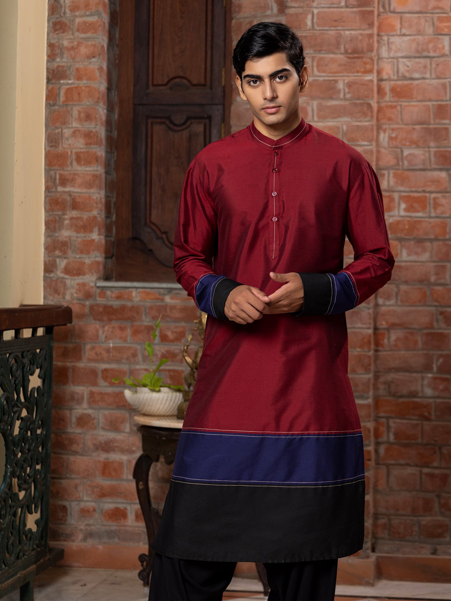Jisnu Wine Blue  Katan Kurta Set