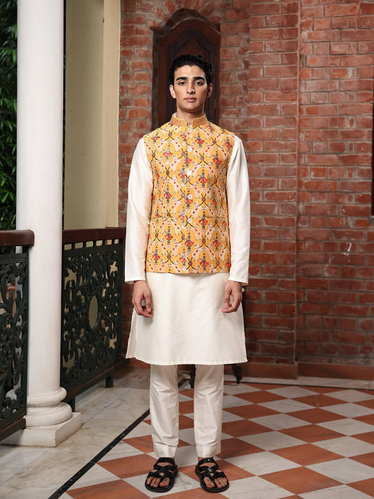 Radhey Yellow Katan Embroidered  Bundi Set