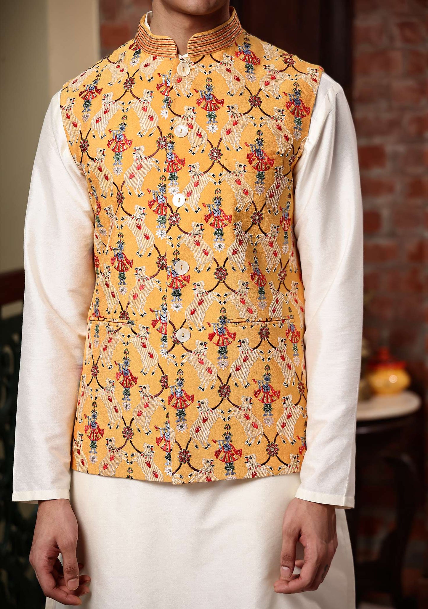 Radhey Yellow Katan Embroidered  Bundi Set