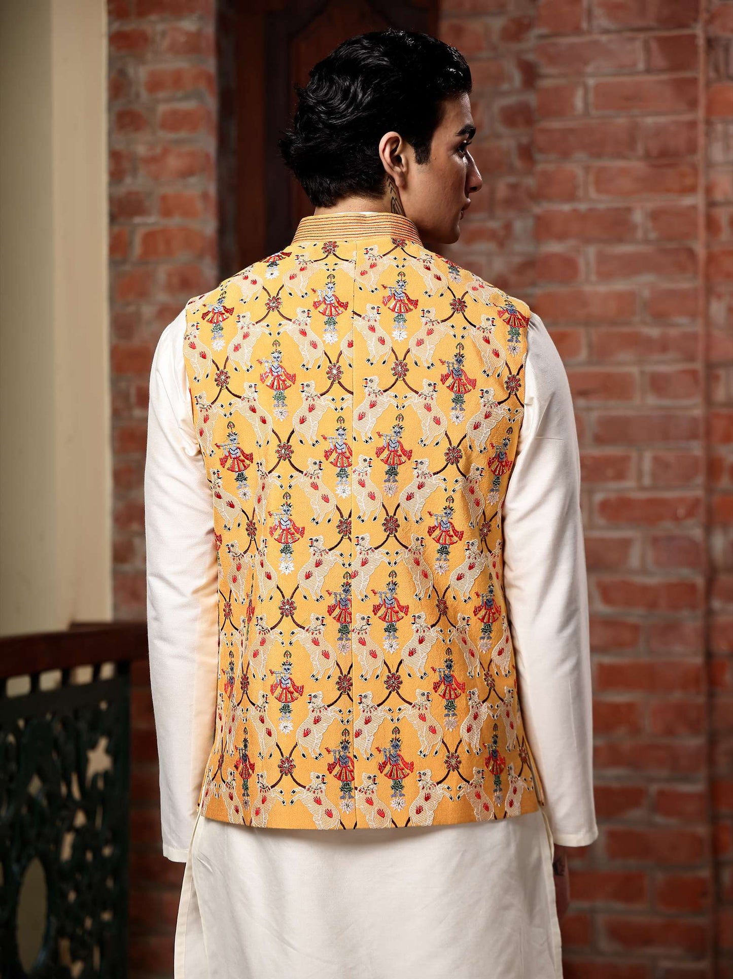 Radhey Yellow Katan Embroidered  Bundi Set