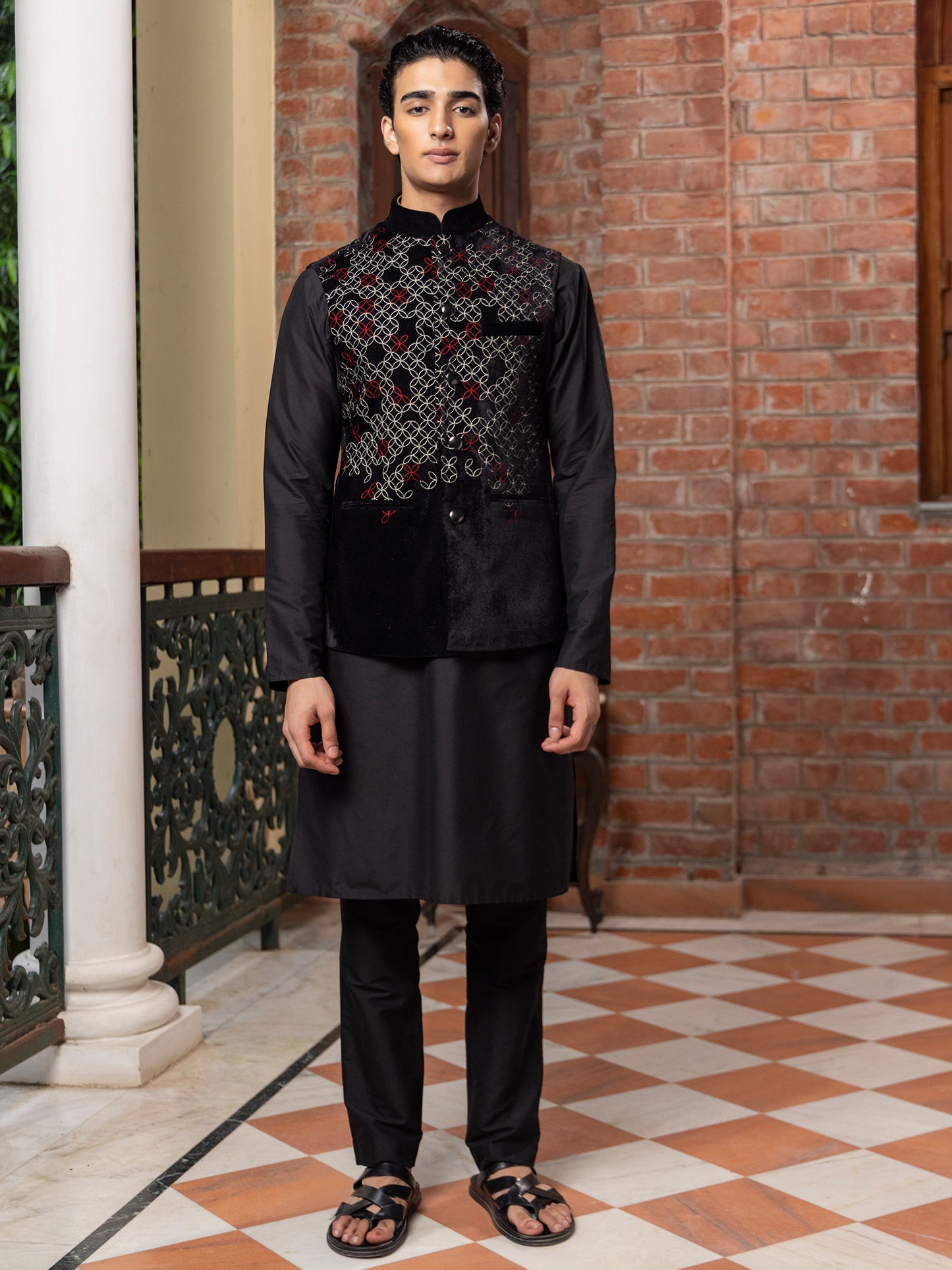 Vrisa Black Velvet Embridered Bundi Set