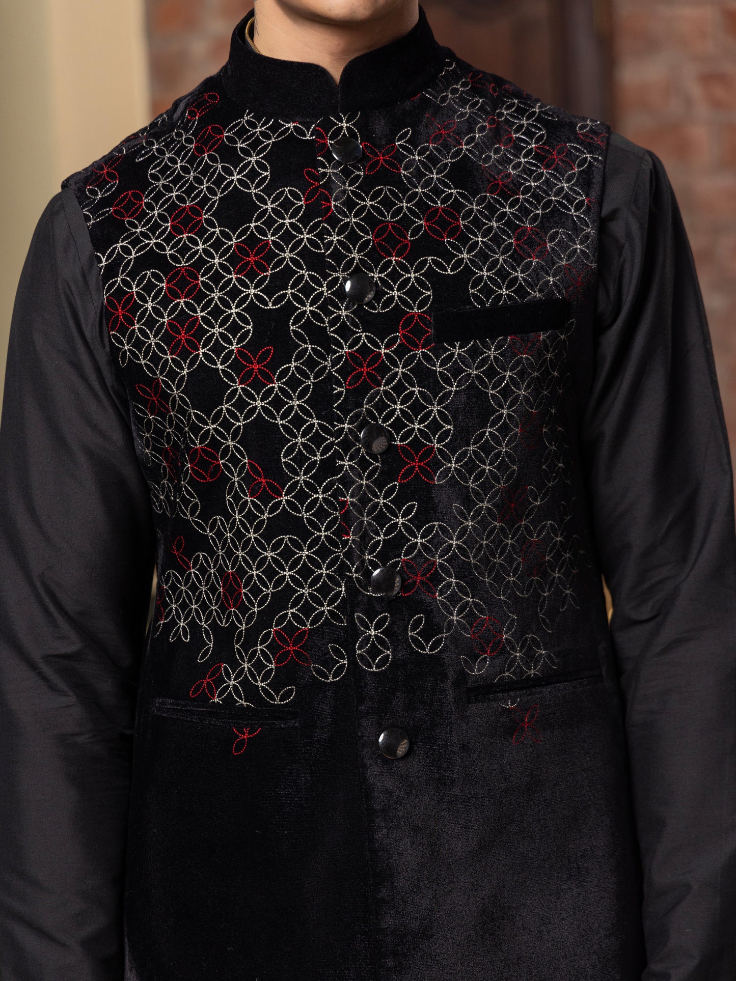 Vrisa Black Velvet Embroidered  Bundi