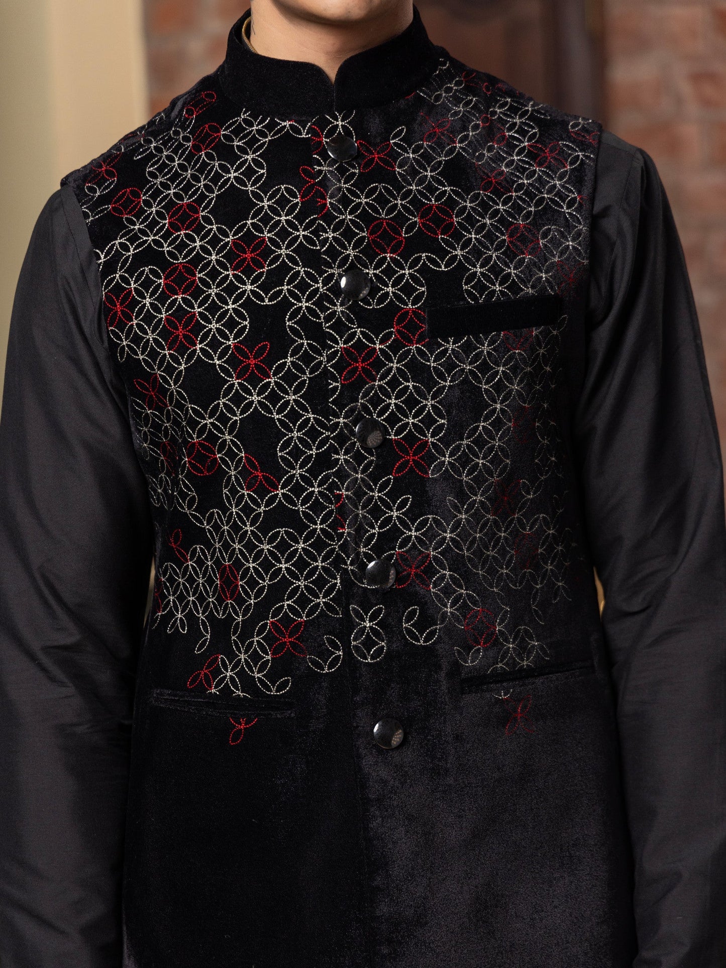 Vrisa Black Velvet Embridered Bundi Set