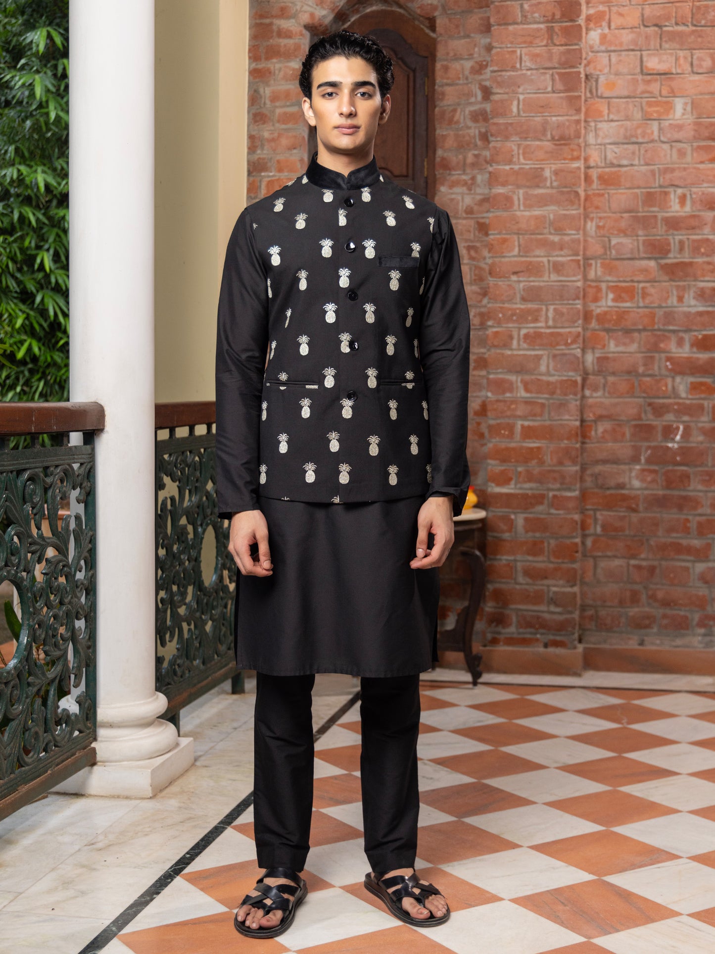 Raksa Black Katan Embroidered Bundi Set