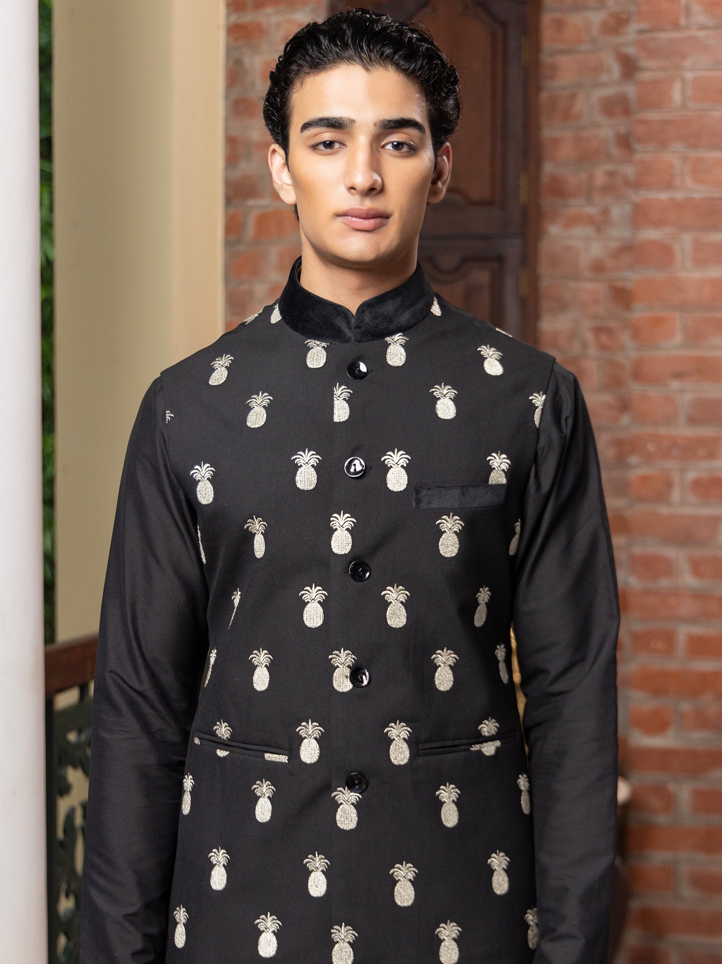 Raksa Black Katan Embroidered Bundi Set