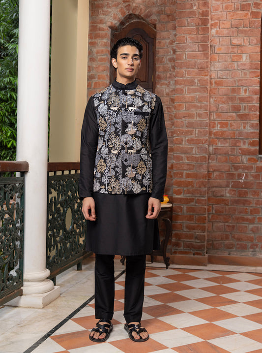 Ranvita Black Katan  Embroidered Bundi Set