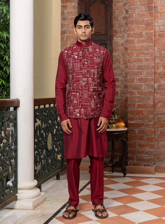 Rohisa Wine Katan  Embroidered Bundi Set