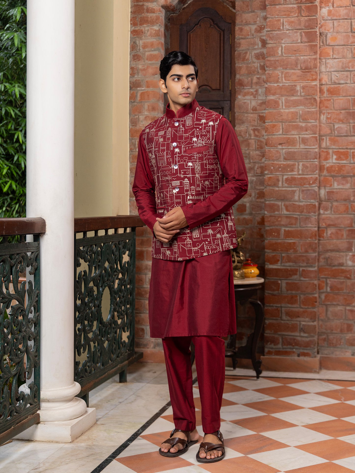 Rohisa Wine Katan Embroidered Bundi