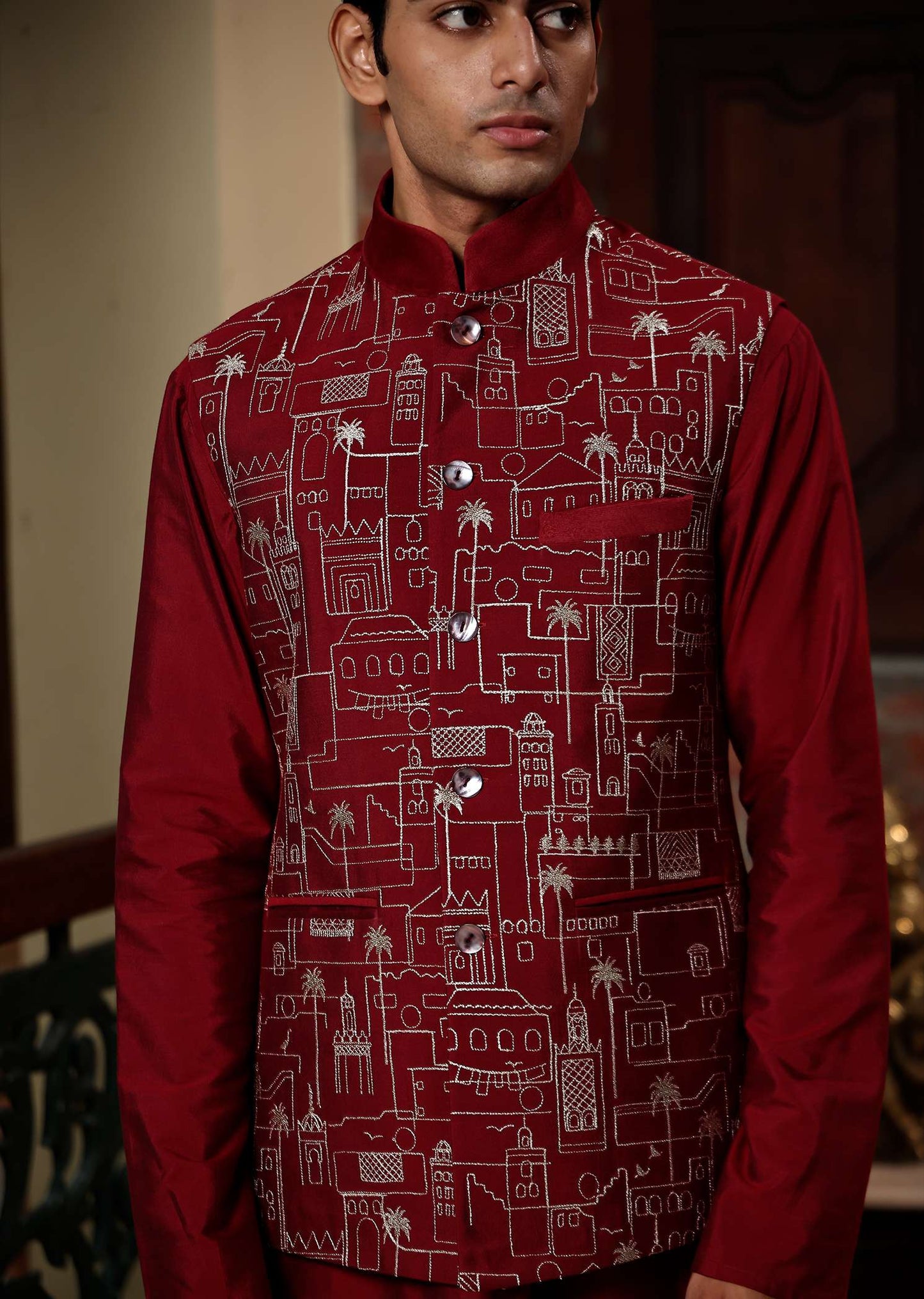 Rohisa Wine Katan Embroidered Bundi
