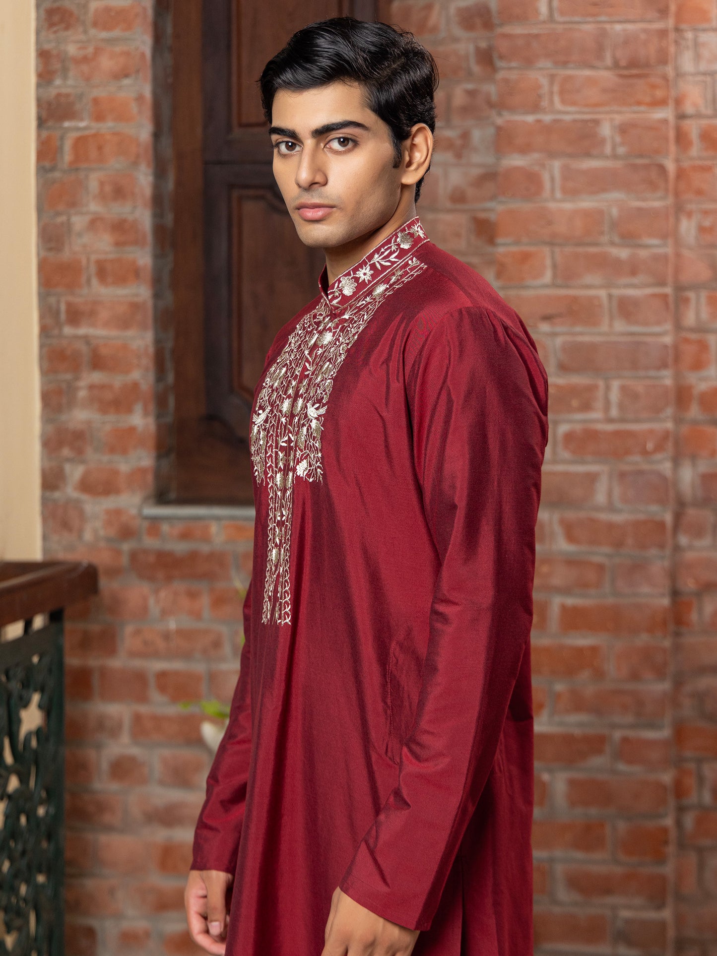 Saha Wine Embroidered Katan Kurta