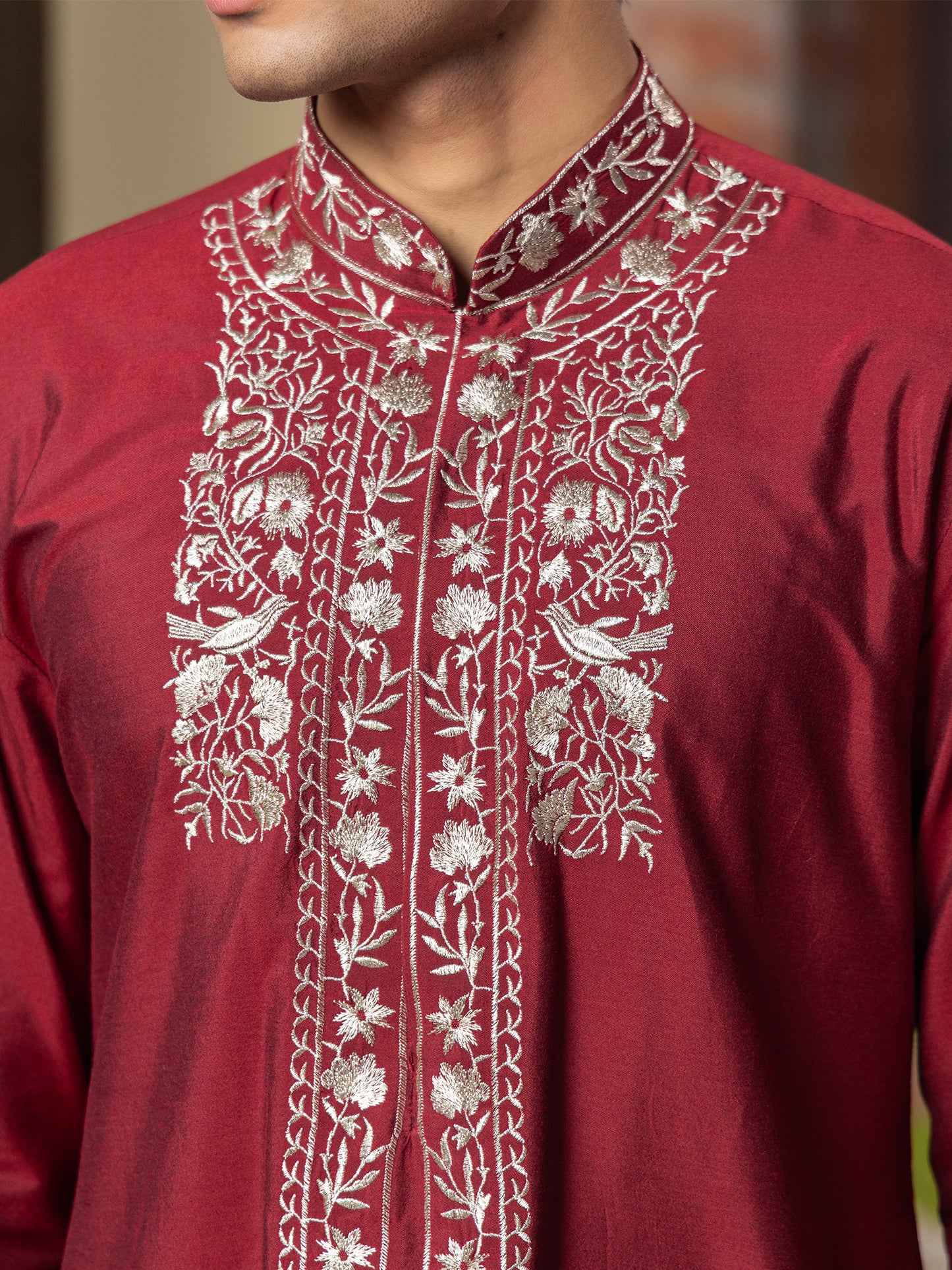 Saha Wine Embroidered Katan Kurta