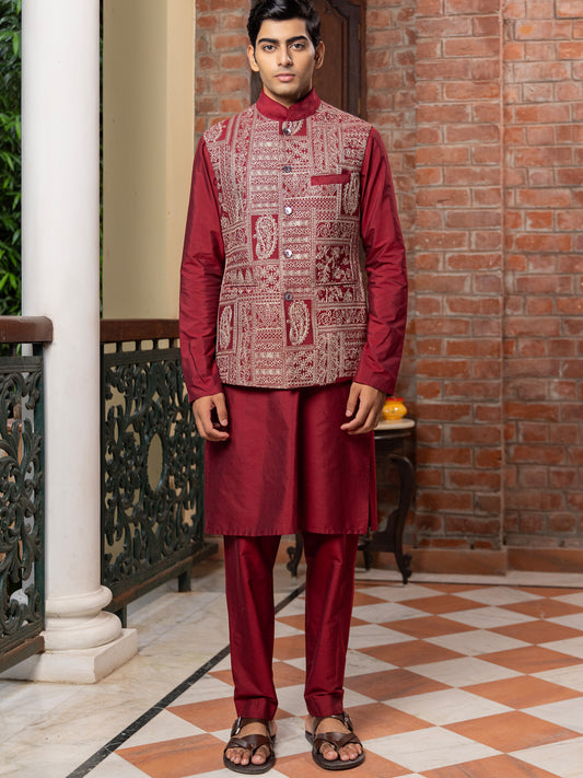 Sahira Wine Katan  Embroidered  Bundi Set