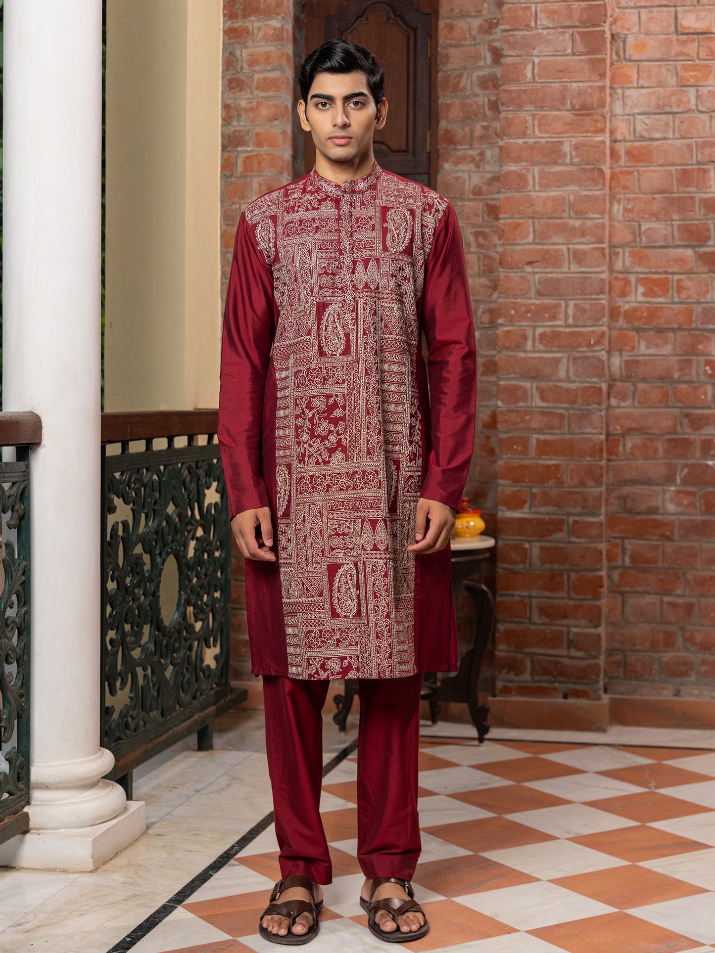 Sidhya Wine Embroidered Katan Kurta