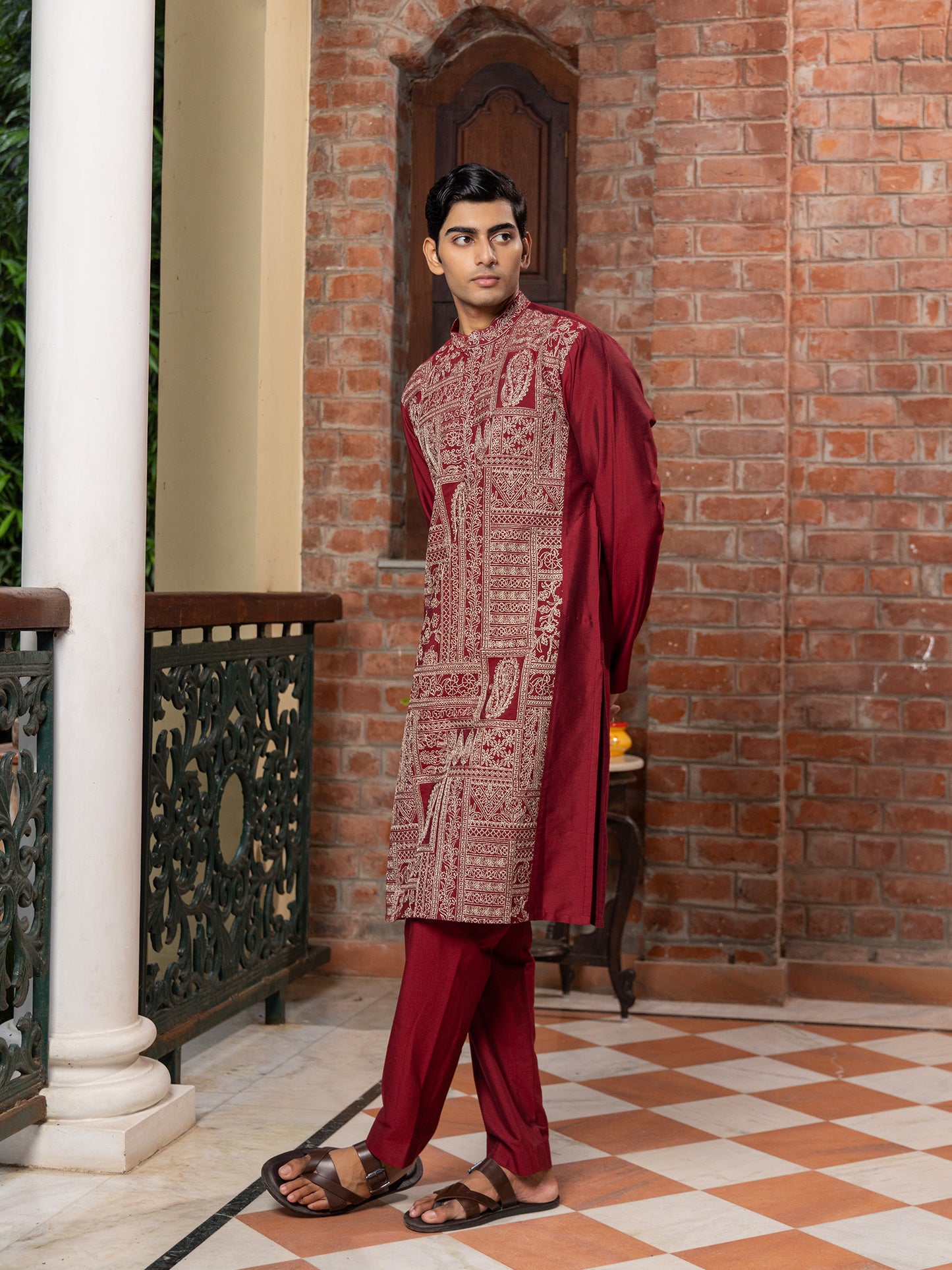 Sidhya Wine Embroidered Katan Kurta
