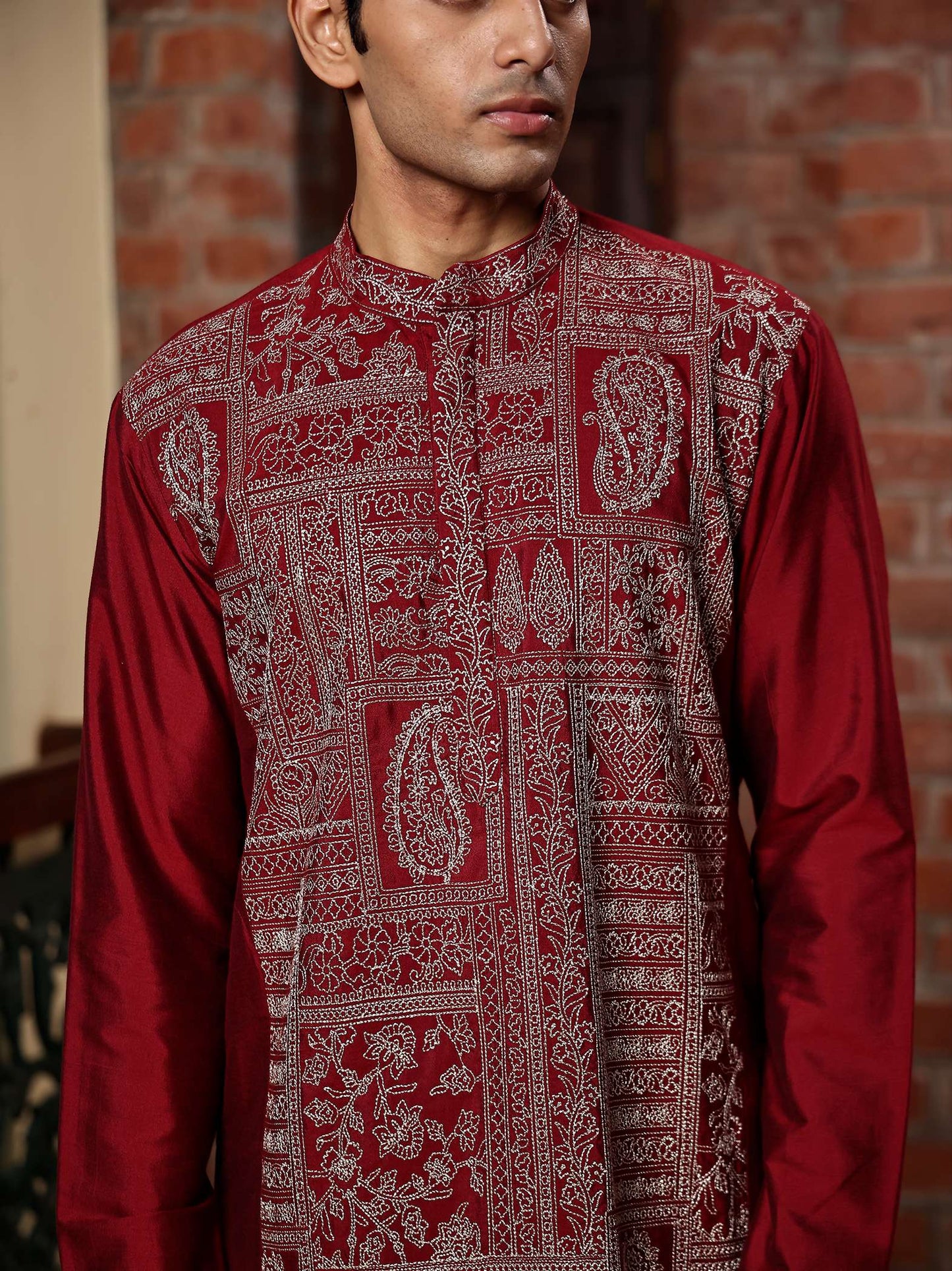 Sidhya Wine Embroidered Katan Kurta