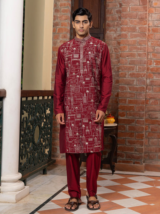 Sundara Wine Embroidered Katan Kurta Set