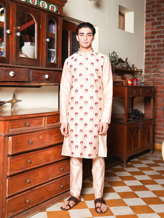 Mukunda Beige Embroidered Katan Kurta Set