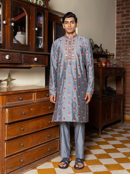 Nanda Sky Blue Embroidered Katan Kurta Set