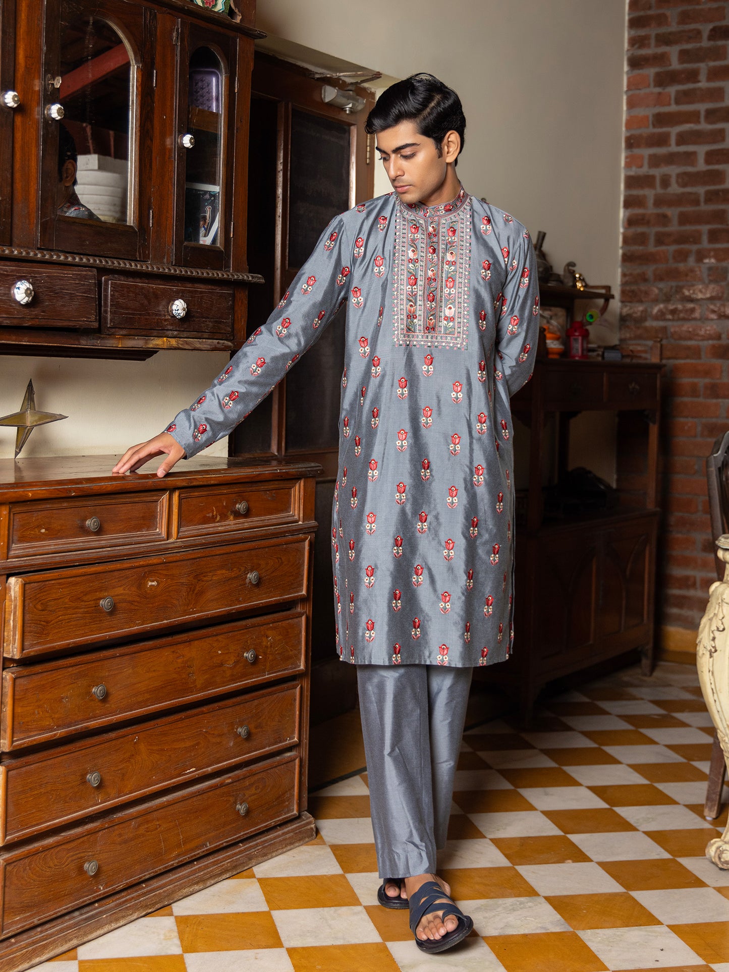 Nanda Sky Blue Embroidered Katan Kurta