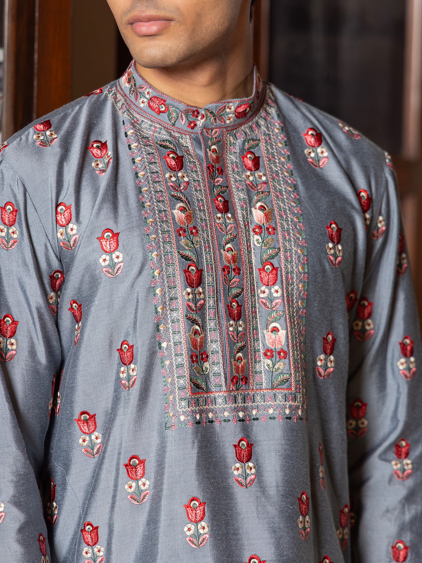 Nanda Sky Blue Embroidered Katan Kurta