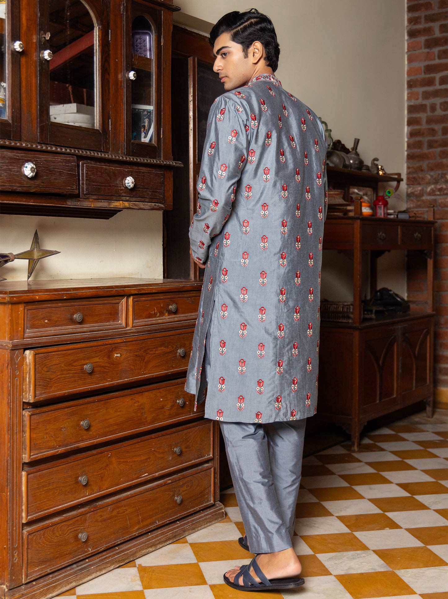 Nanda Sky Blue Embroidered Katan Kurta
