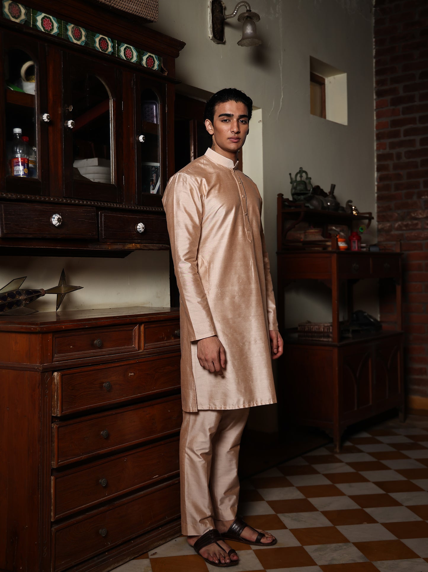 Navin Beige Katan Kurta Set