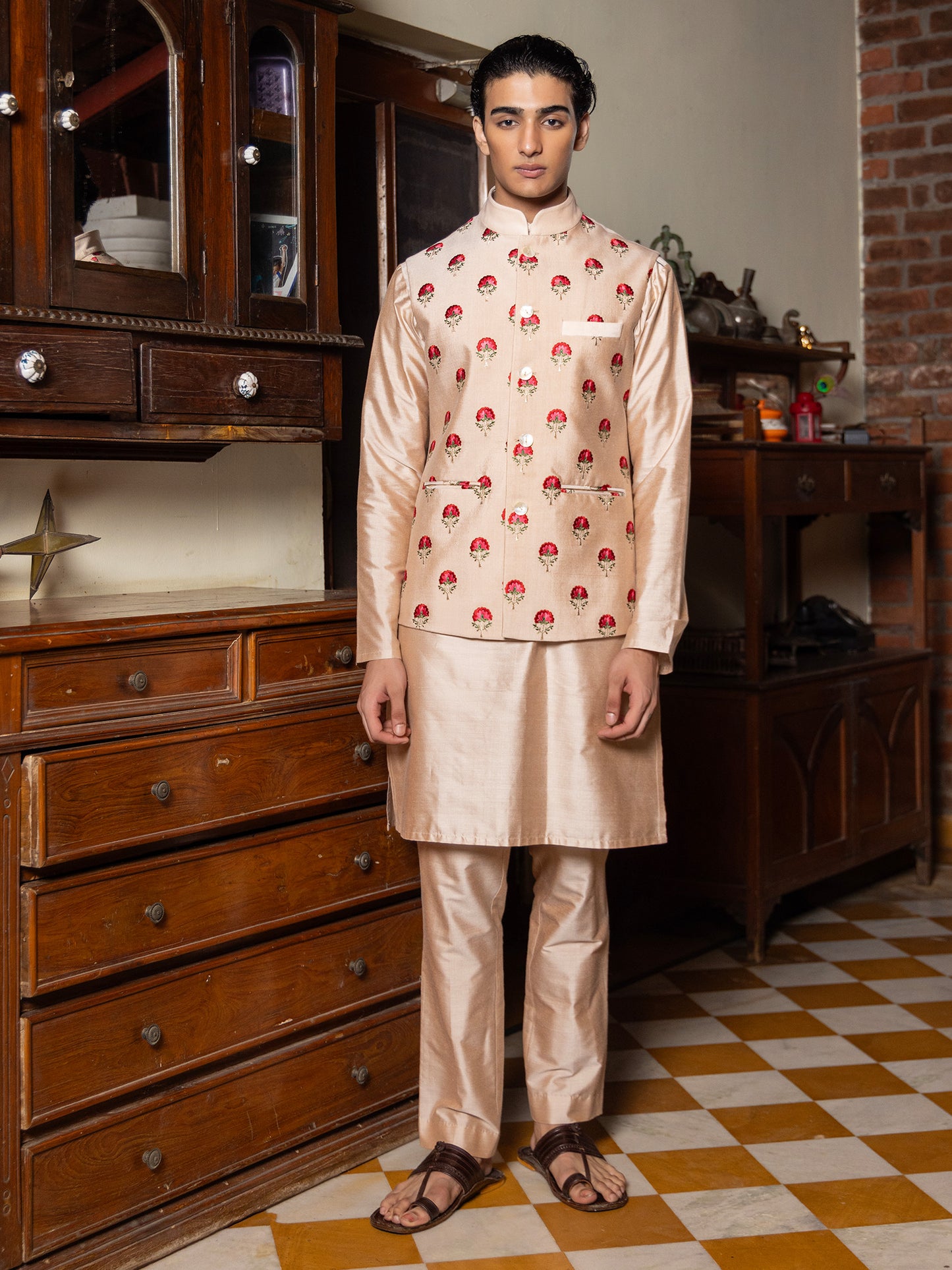 Nisk Beige Katan Embroidered Bundi Set