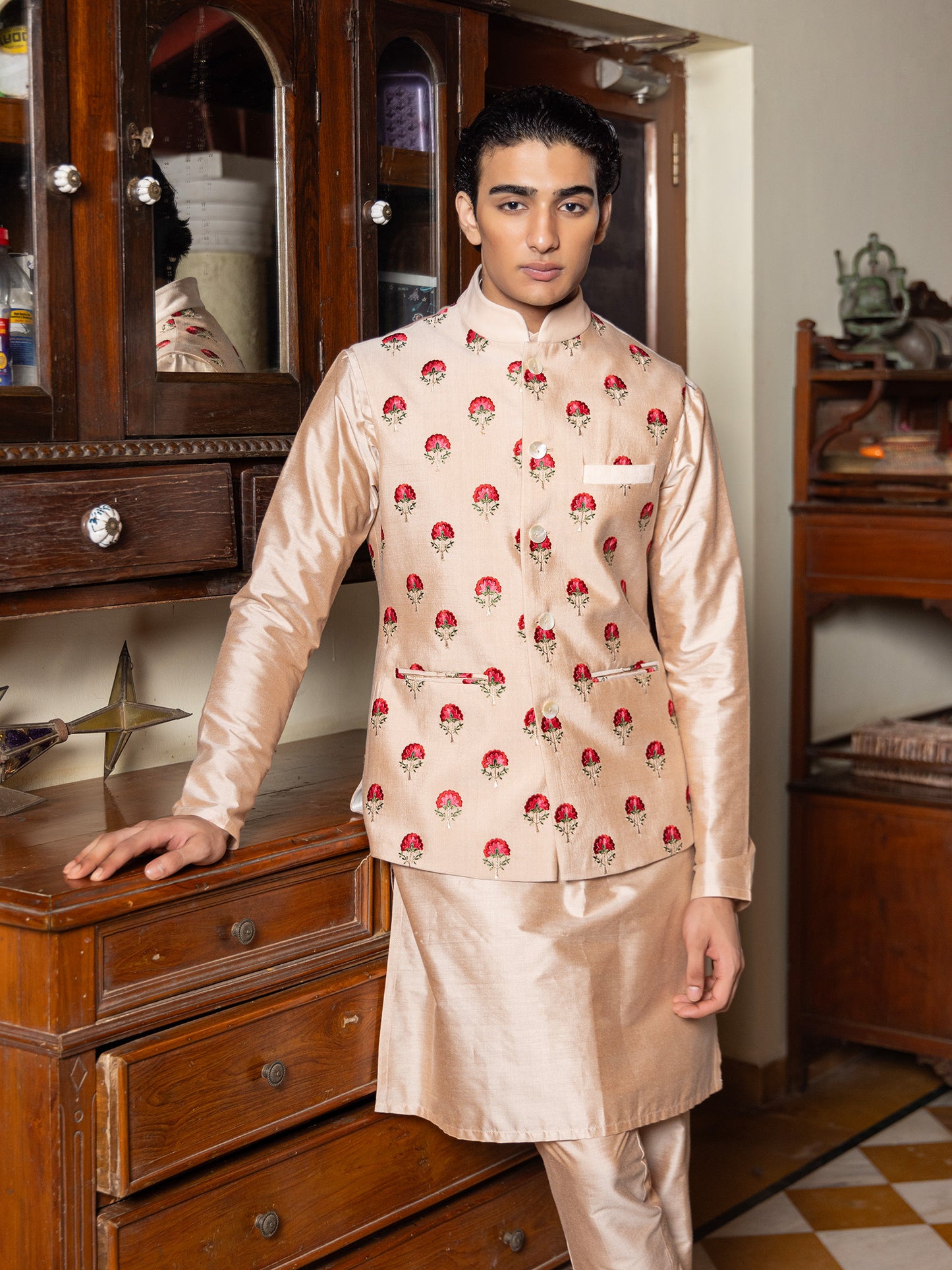 Nisk Beige Katan Embroidered Bundi Set