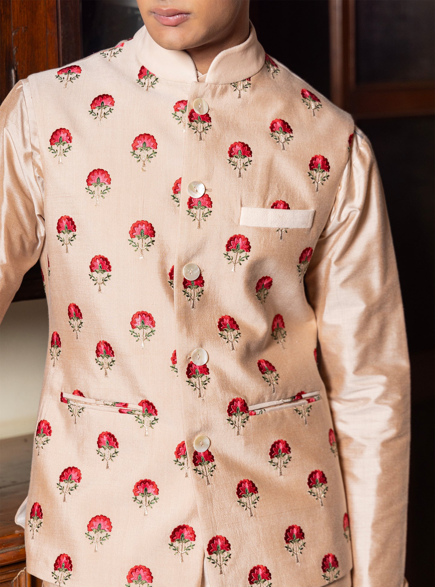 Nisk Beige Katan Embroidered Bundi Set