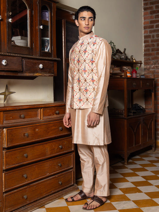 Narayan Beige Katan  Embroidered Bundi Set