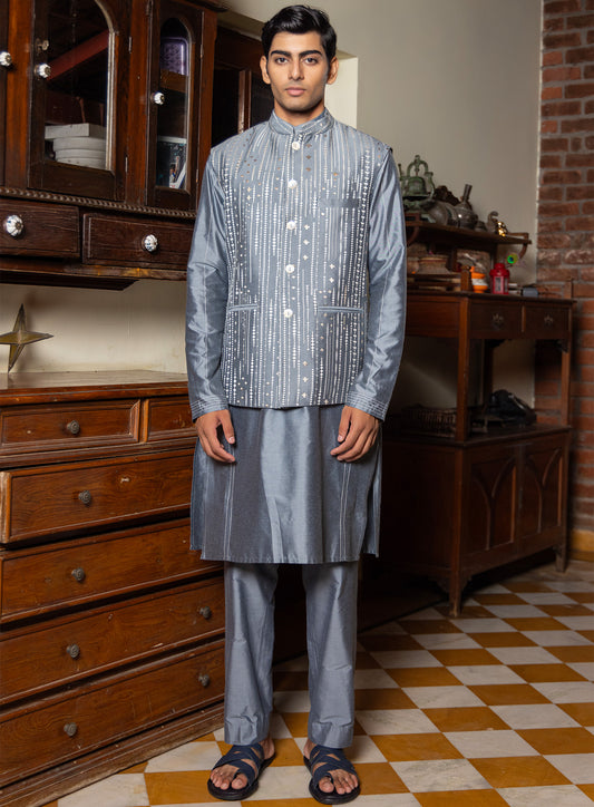 Divakara Sky Blue Katan  Embroidered  Bundi Set