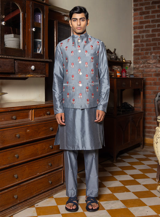 Dulasa Sky Blue Katan  Embroidered Bundi Set