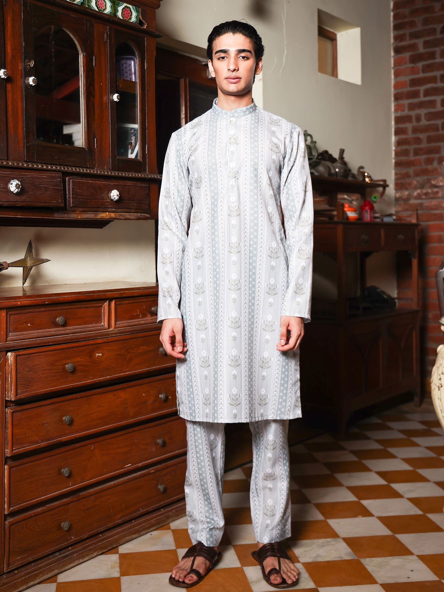 Reyansh Sage Green Printed Cotton Blend Kurta Set