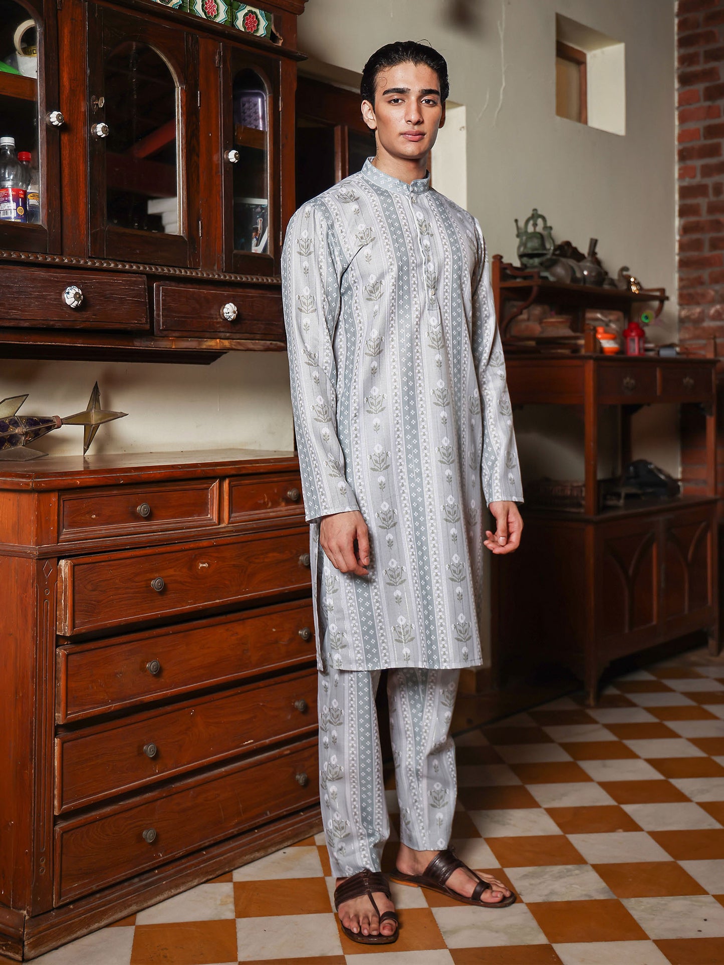 Reyansh Sage Green Printed Cotton Blend Kurta