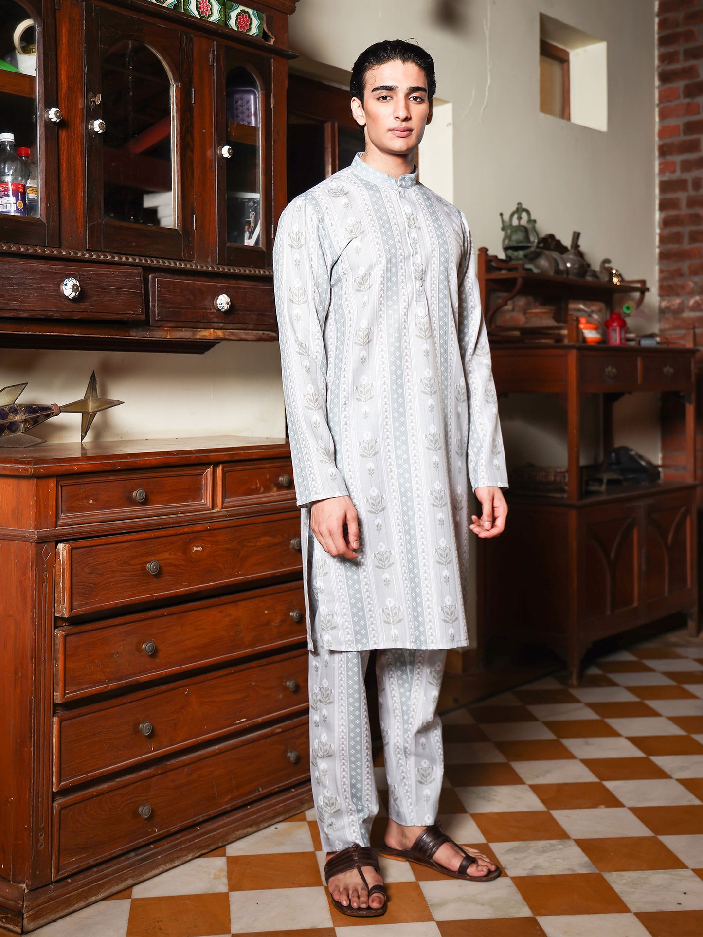 Reyansh Sage Green Printed Cotton Blend Kurta Set