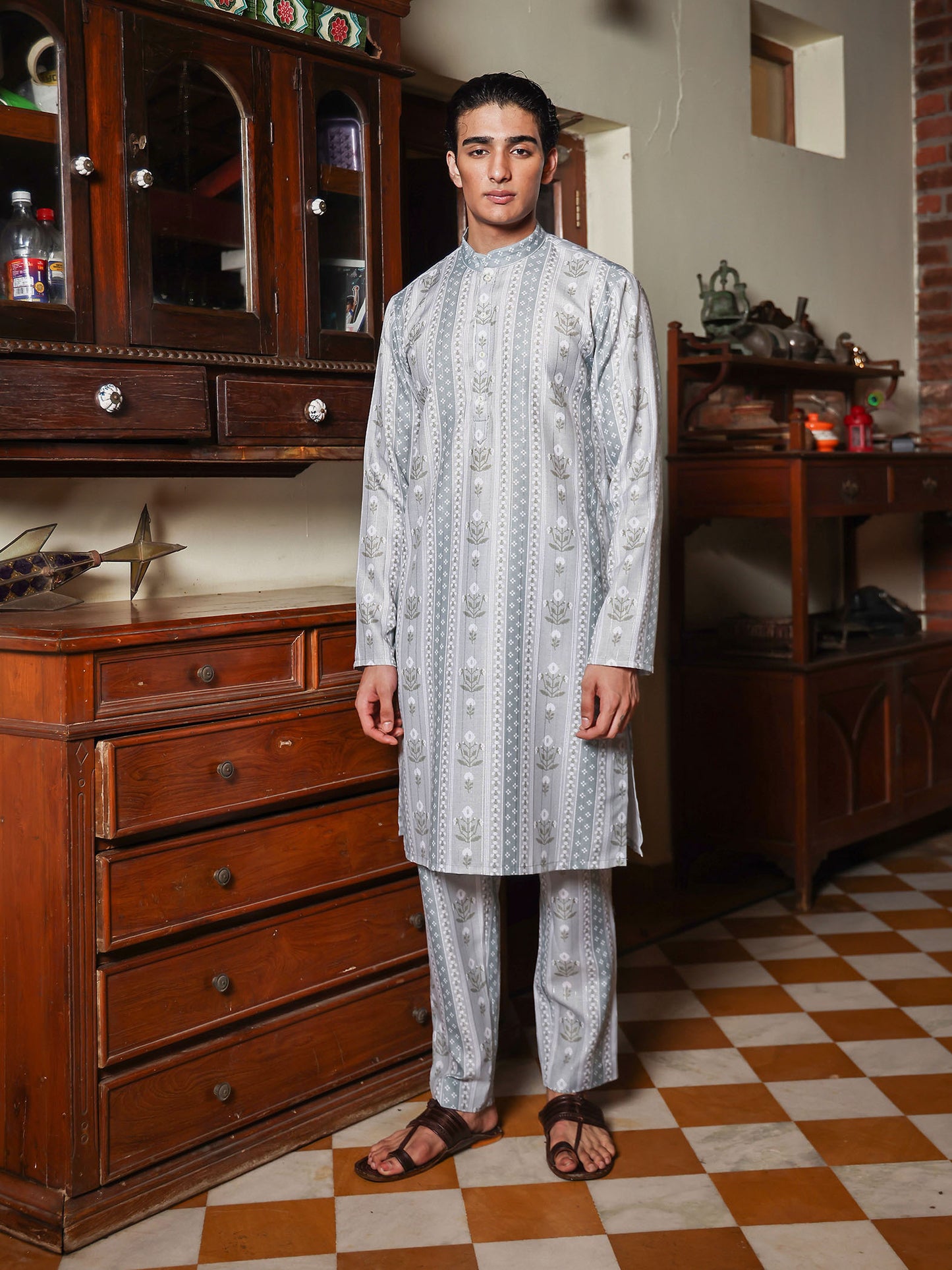 Reyansh Sage Green Printed Cotton Blend Kurta