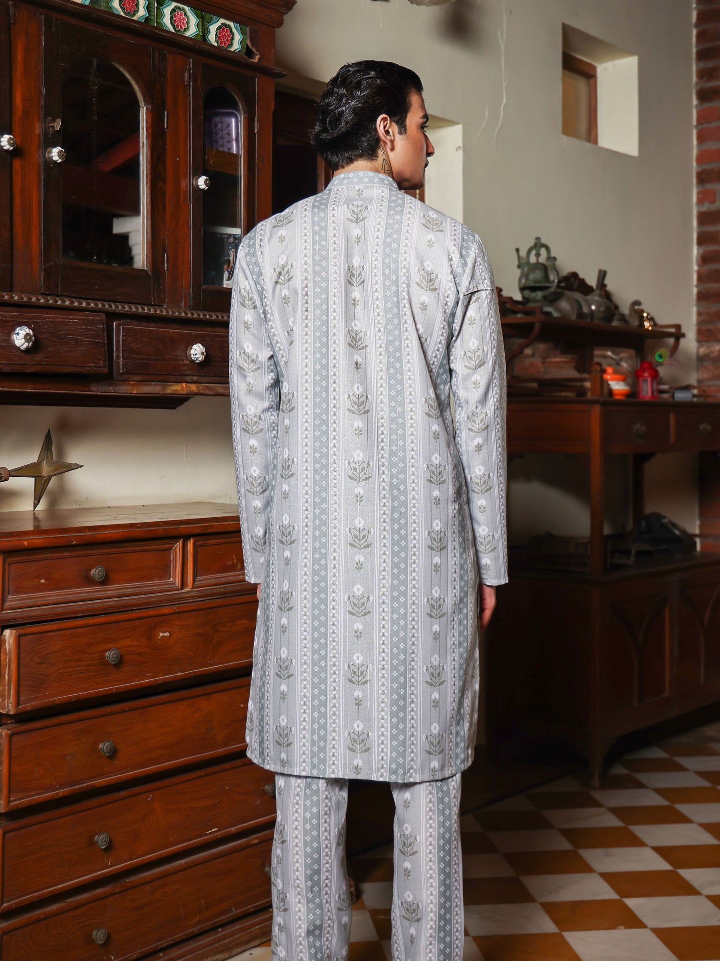 Reyansh Sage Green Printed Cotton Blend Kurta