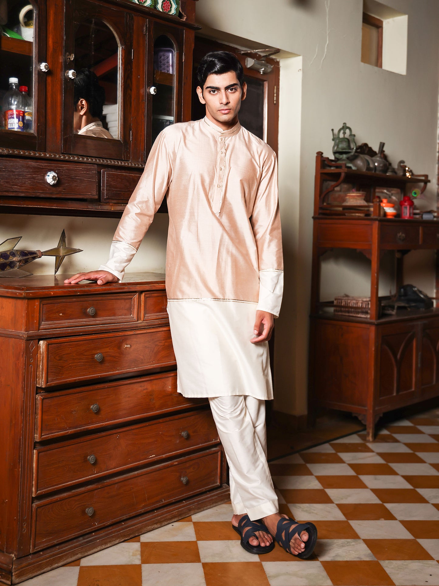 Dharmya Beige And Ivory  Katan Kurta Set