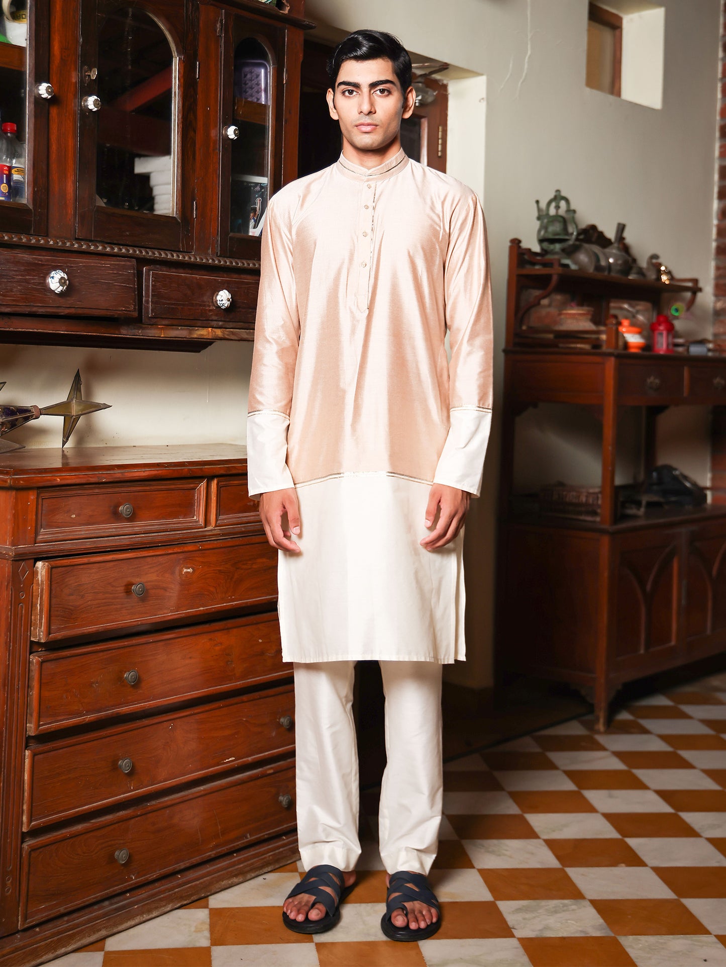 Dharmya Beige And Ivory  Katan Kurta Set