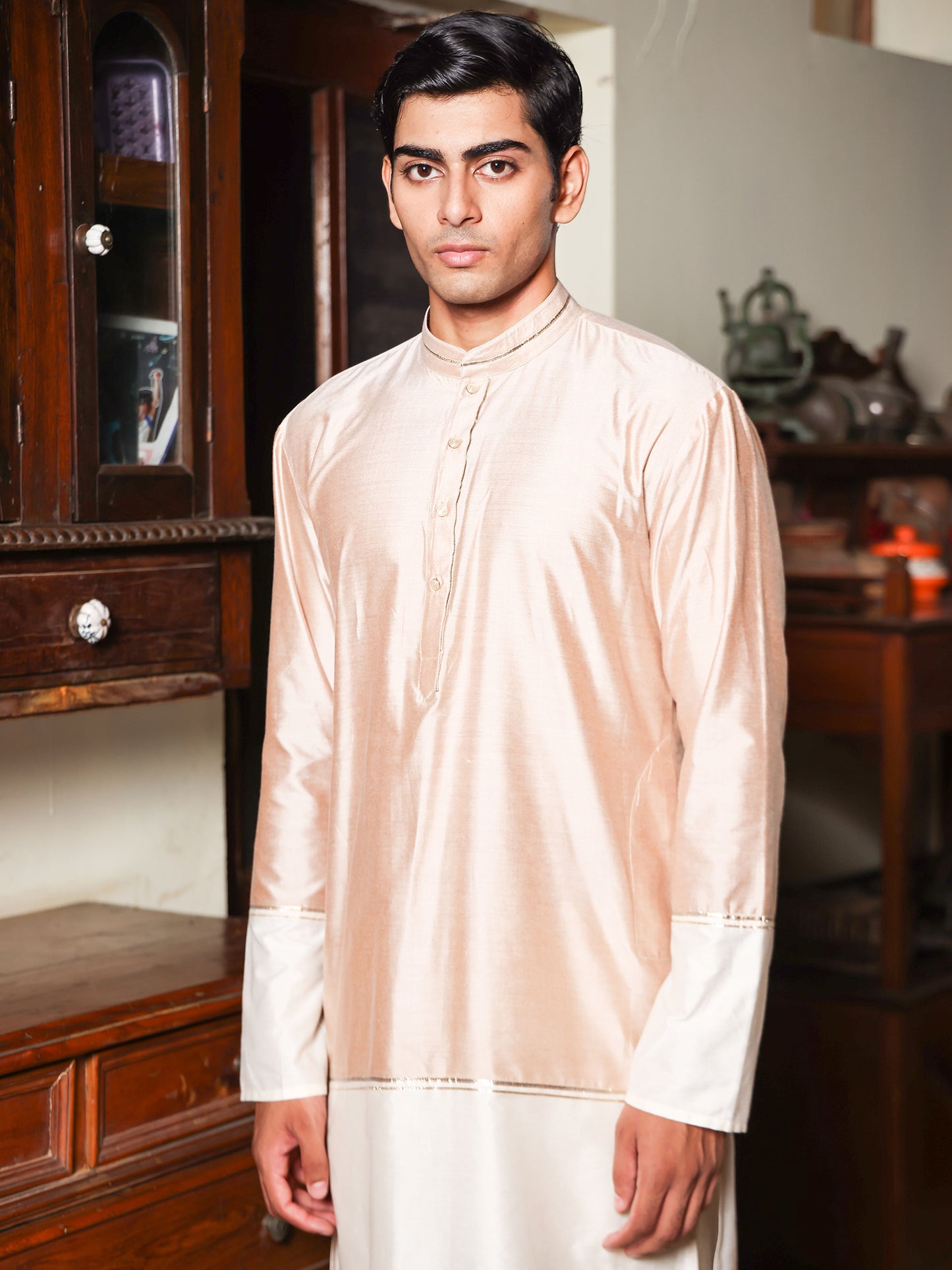 Dharmya Beige And Ivory  Katan Kurta Set