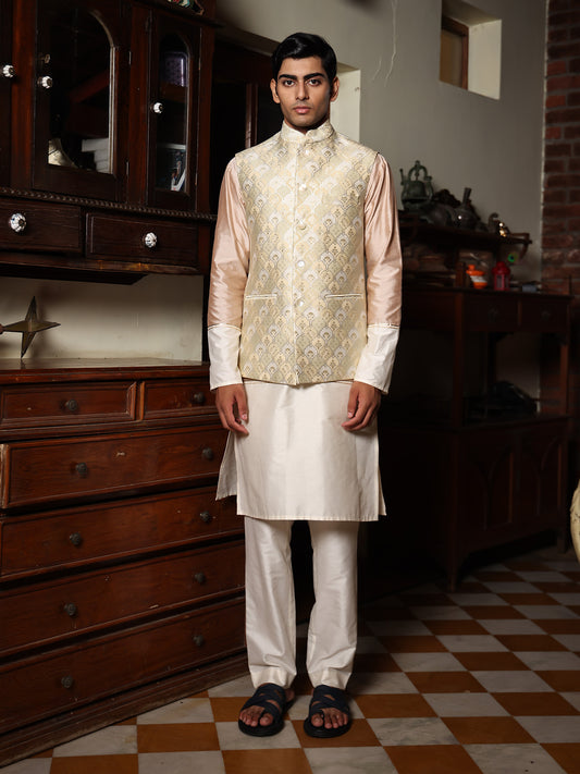 Dharendra Mustard Yellow Brocade Bundi Set