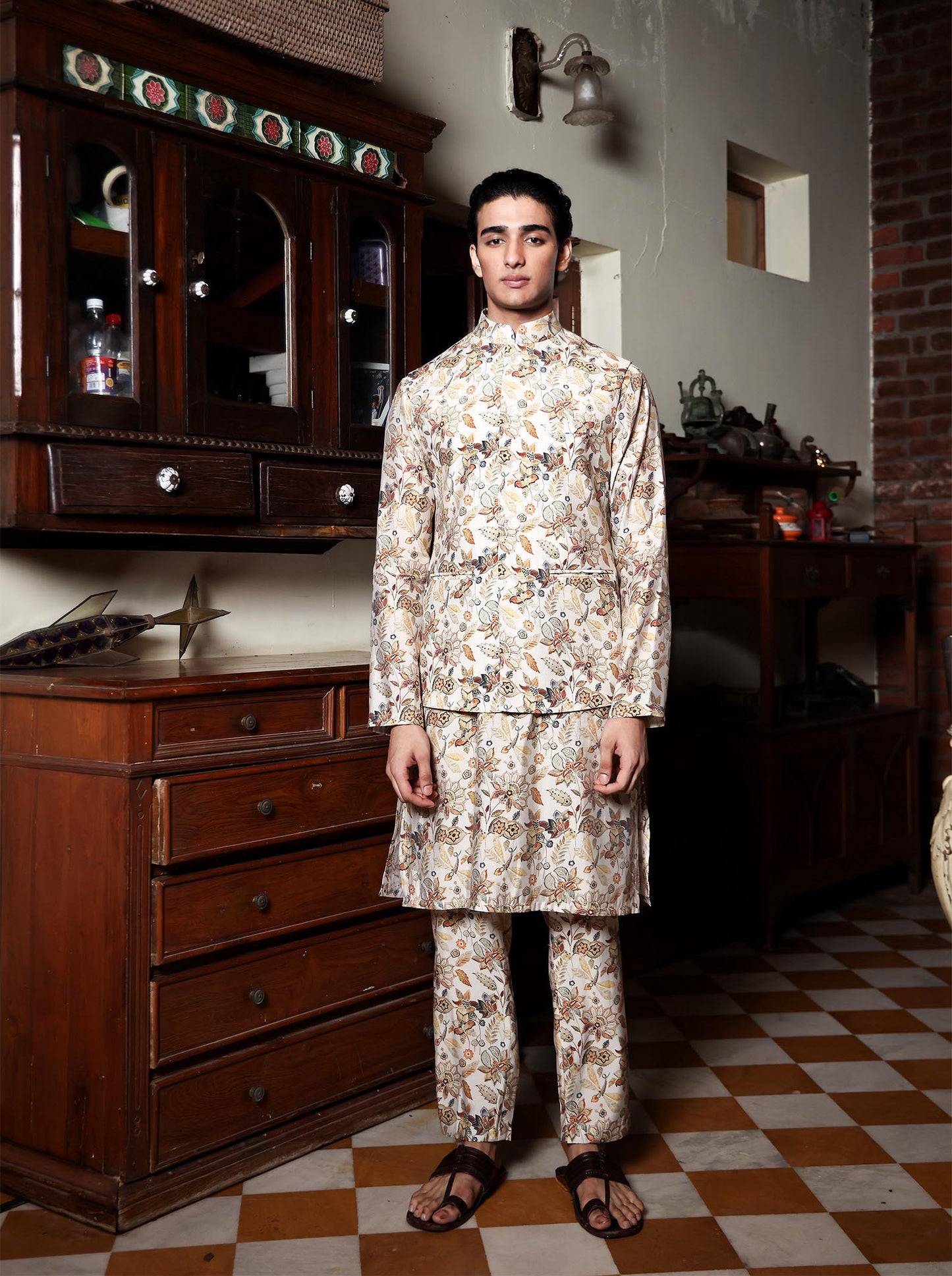 Tirtha Beige Printed Chanderi Bundi Set
