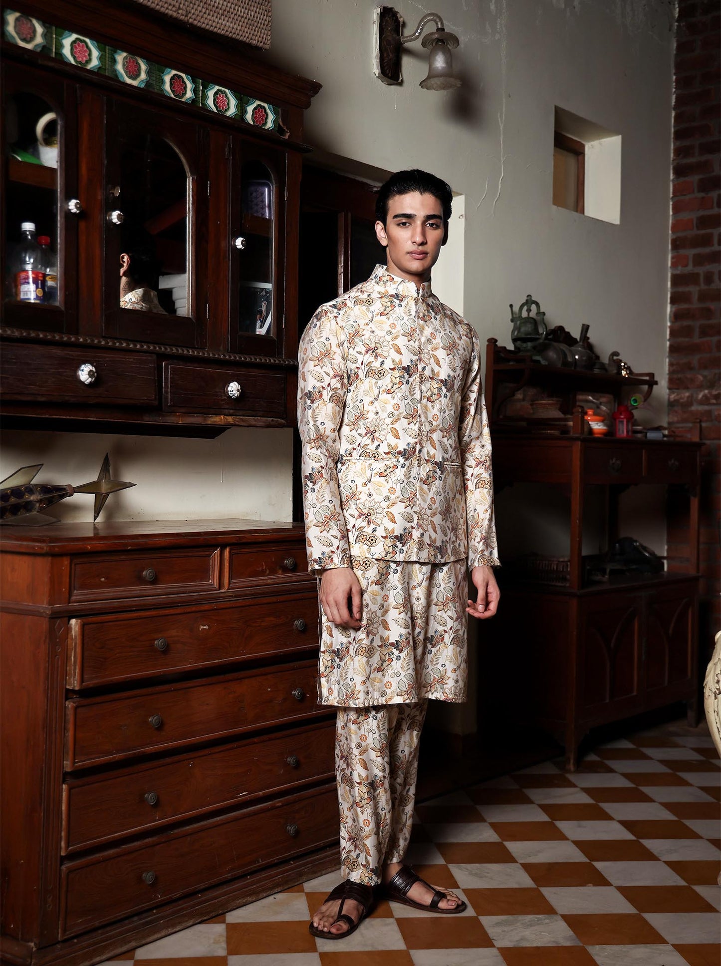 Tirtha Beige Printed Chanderi Bundi Set