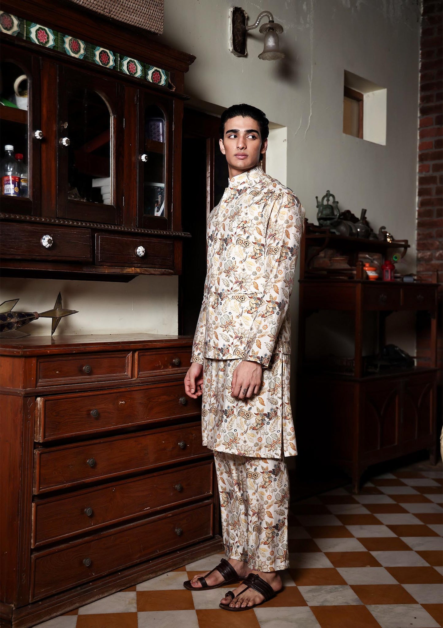 Tirtha Beige Printed Chanderi Bundi Set