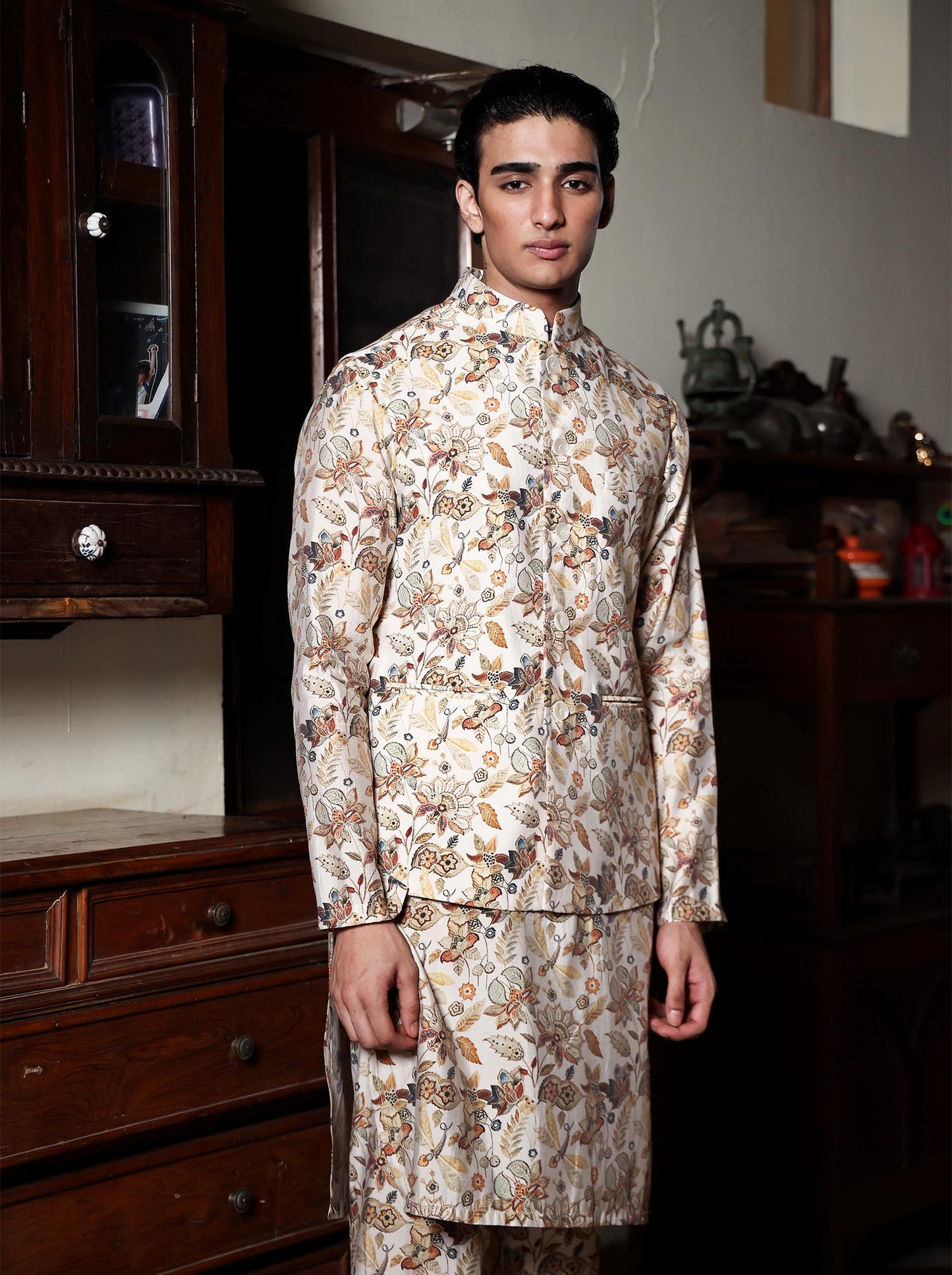 Tirtha Beige Printed Chanderi Bundi Set