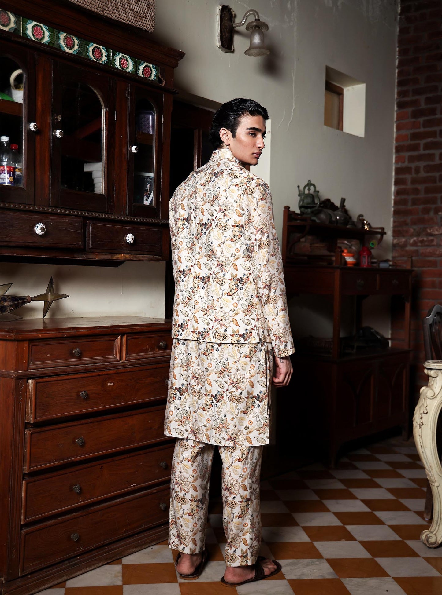 Tirtha Beige Printed Chanderi Bundi Set